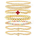 14K Gold Beaded Cross Beaded Bracelet Stack Set for Women,7PCS Bohemian Colorful Beads Ball Stretch Stackable Bracelets Trendy Holiday Birthday Gift - color: Red