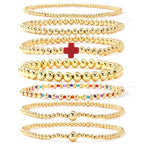 14K Gold Beaded Cross Beaded Bracelet Stack Set for Women,7PCS Bohemian Colorful Beads Ball Stretch Stackable Bracelets Trendy Holiday Birthday Gift - color: Red