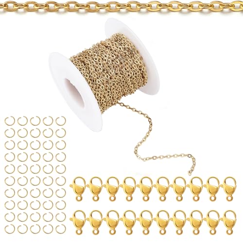 Topacket 33Feet 18K Gold Stainless Steel Necklace Chains Cable Link Chains for Jewelry Making DIY Craft Kit with Lobster Clasps Jump Rings - color: Gold, size: 2.0mm