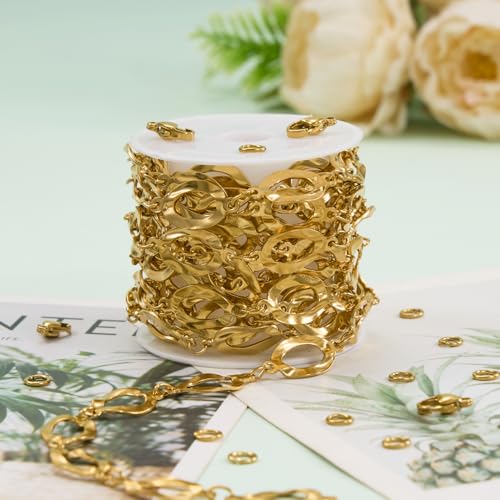 UMAOKANG 2 Meters Stainless Steel Gold Plated Chains for Jewelry Making Hollow Oval Chain Bulk on Spool - color: Gold Hollow Oval