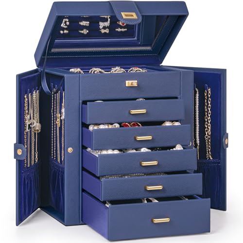 AKOZLIN 6-Tier Jewelry Box Organizer Functional 5 Drawers Leather Jewelry Storage Case for Women Girls Ring Necklace Earring Bracelet Holder Organizer with Mirror Blue - color: Blue, size: Medium
