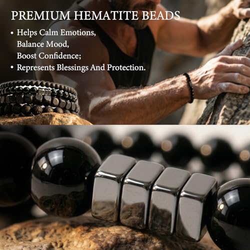 Men’s Hematite Bracelet Set Boho Multi - Tiger Eye/Matte Agate/Lava Rock Gifts for Birthday/Anniversary/Christmas - color: F05 Tiger Eye