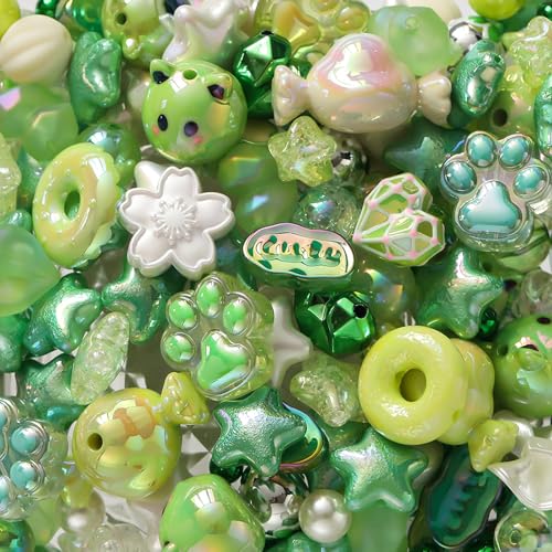 100G Assorted Acrylic Beads for Bracelet Making, Green Large Aesthetic Kawaii Beads for Keychain Phone Charms, Multi-Shapes Cute Bead for Jewelry Making, DIY Crafts, Necklace - color: Green