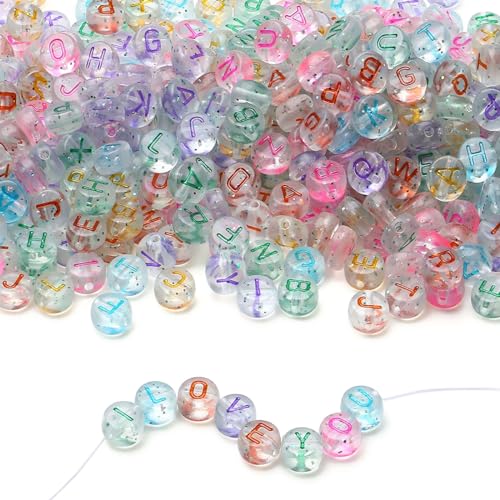 LAIDANLA 1500PCS Acrylic Letter Beads Alphabet Colorful Letters Transparent Round Bead 7×4mm for Jewelry Bracelets Necklaces Key Chains Making - color: E-Colorful Letter Transparent Beads