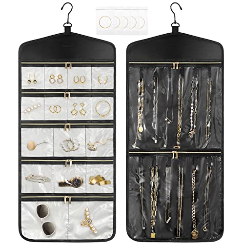 CHICECO Travel Jewelry Holder Organizer,Hanging Jewelry Organizer Storage With Zippered Pockets for Cloest,Wall,Door,Jewelry Holder for Earrings, Necklaces（Beige Black） - color: Beige Black