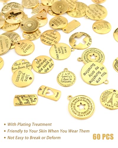 YETOOME 60 Pcs Antique Gold Inspiration Words Charms Engraved Motivational Charms Pendants for Jewelry Making Crafting Findings Accessory
