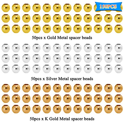 150Pcs Metal Spacer Beads for Jewelry Making 10mm Metallic Plated Round Beads Small Spacer Round Ball Beads Seamless Smooth Loose Beads for Earring Necklace Bracelet DIY Crafts(Gold Silver K Gold) - color: 10mm, Gold Silver K Gold