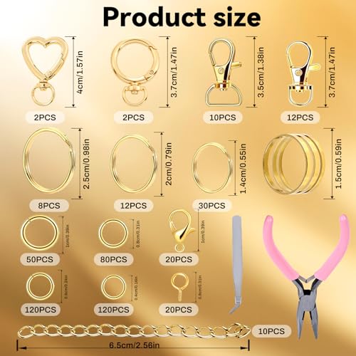 Prdingfy 579PCS Keychain Making Kit, Key Chain Supplies Including Keychain Clip, Key Rings, Lobster Claw Clasps, Jump Rings, Extender Chain,Pliers for Key Chain Making and Jewelry Making(Gold) - color: Gold