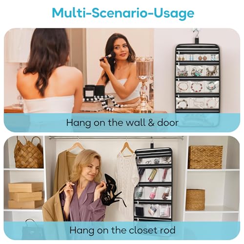 MISSLO Hanging Jewelry Organizer Travel Foldable Jewelry Roll Storage Case with 14 Cotton Zippered Pockets for Traveling, Closet, Suitcase