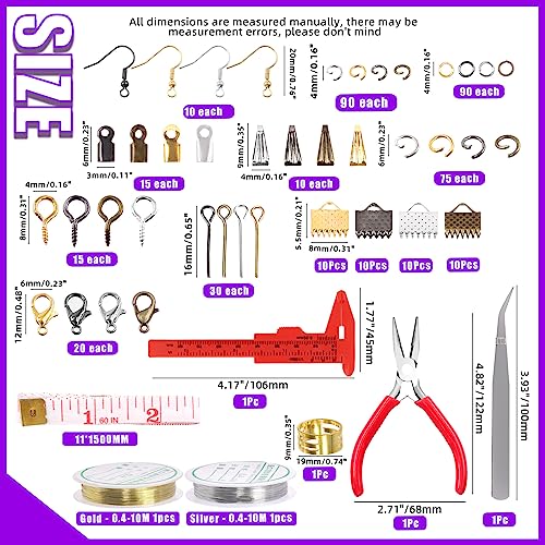 Swpeet 1468Pcs Jewelry Making Supplies Kit with Jewelry Making Tools, 2 Colors Jewelry Wires and Jewelry Pliers, 40 Styles Jewelry Findings, with Plastic Caliper, Thimble Ring, Awl Tweezers Scissors - size: 5a