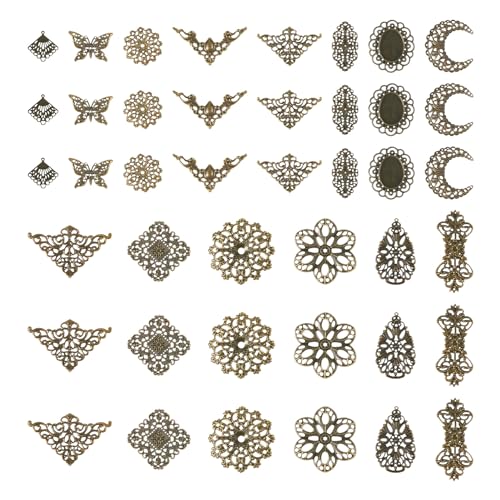 Cheriswelry 84pcs Tibetan Iron Filigree Joiners Antique Bronze Vintage Link Charms Rhombus Flower Butterfly Triangle Teardrop Metal Necklace Pendants 23~73.5mm for DIY Craft Jewelry Making
