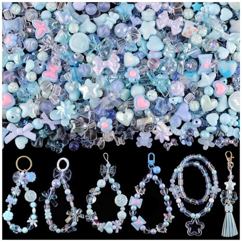 200-260PCS TINKRSTUFF Assorted Blue Acrylic Beads for Bracelet Making, Cute Beads for Jewelry Making Flower Bow Butterfly Candy GummyBear Aesthetic Bracelet Charms, DIY Necklace Keychain Phone Charm - color: BLUE