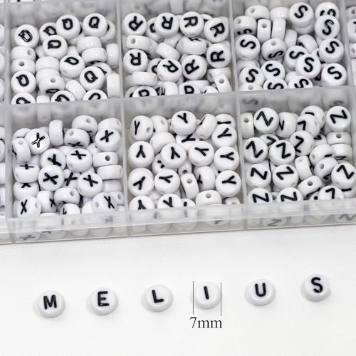Melius 1450Pcs Acrylic Letter and Number Beads, 4x7mm Alphabetical Flat Round Alphabet Beads in 28 Grid Box for Bracelets, DIY Crafts - color: White-Number, size: 4x7mm