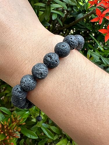 GAF TREASURES Grade A ++ Gemstone Round Bead Adjustable Bracelet 10mm, Genuine Crystal Bead Bracelet, Gift for Men & Women - color: Black Lava