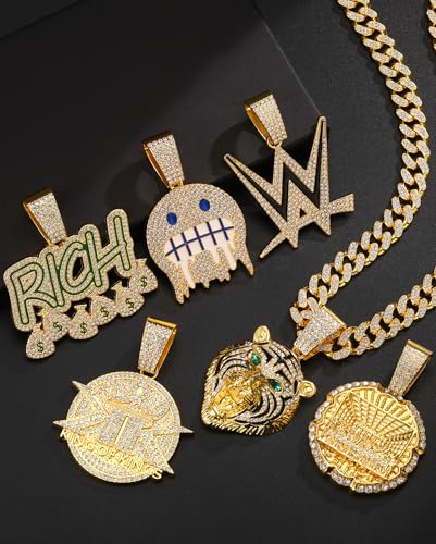 Lced Out Diamond Cuban Chain for Men | Hip Hop Miami Link Necklace Silver & Gold Plated Options with Pendant, 7-Pack Gift Set - color: Gold, size: 24 inches
