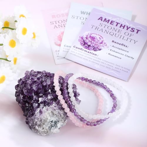 NCB 2.3-Piece 4mm Natural Crystal Gemstone Stretch Bracelets – Handmade Reiki Energy Healing Jewelry for Meditation,Yoga, Unisex - color: 3PCS ( Amethyst+Pink Quartz+White Jade ), size: 4mm