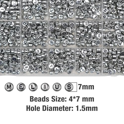 Melius Acrylic Silver Letter Beads, 1450 Pcs 4x7mm Round Alphabet Beads in 28 Grid Box for Jewelry Making, DIY Bracelets, Necklaces, Key Chains, Bracelets - color: Silver, size: 4x7mm