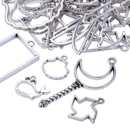 100g Antique Silver Bezel Charms Pendants Alloy Open Back Bezel Blanks Hollow Pressed Flower Frame Pendant Resin Molds for DIY Jewelry Crafts Making Necklace Earrings, Mixed Styles