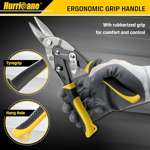 HURRICANE 3 pc Aviation Tin Snips Set, 10 inch Metal Cutter Shears for Cutting Sheet Metal, Cr-V Blades, Straight Left and Right Aviation Snips, with Ergonomical TyreGrip Handle and Safety Latch - size: 3 Piece Regular Set: Straight, Left, Right
