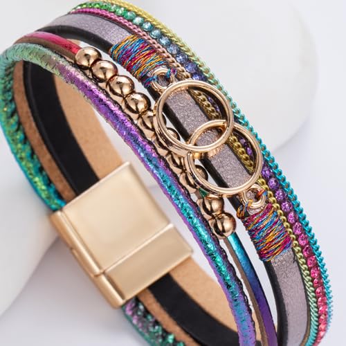 FANCY SHINY Mothers Day Gifts Boho Leather Wrap Bracelet Stackable Infinity Chunky Cuff Bracelets Western Hippie Outfits Jewelry Valentine Gifts for Women - color: Rainbow