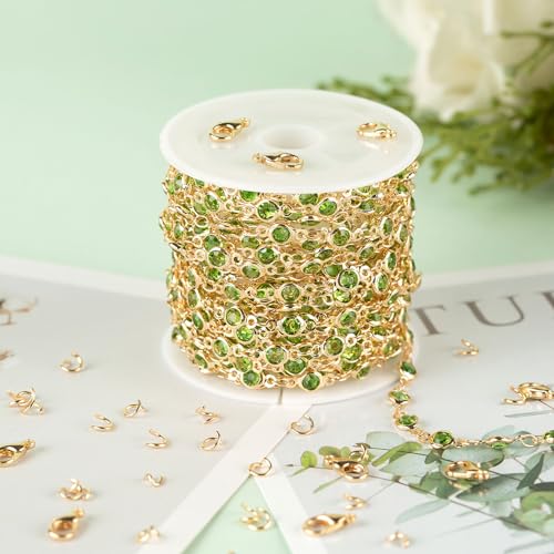 KYUNHOO 16.4ft Jewelry Chain for Crafts Making, Green Glass Bead Necklace Chains Bulk for Women with Jump Rings and Lobster Clasps Jewelry Findings - color: Green Bead-Gold