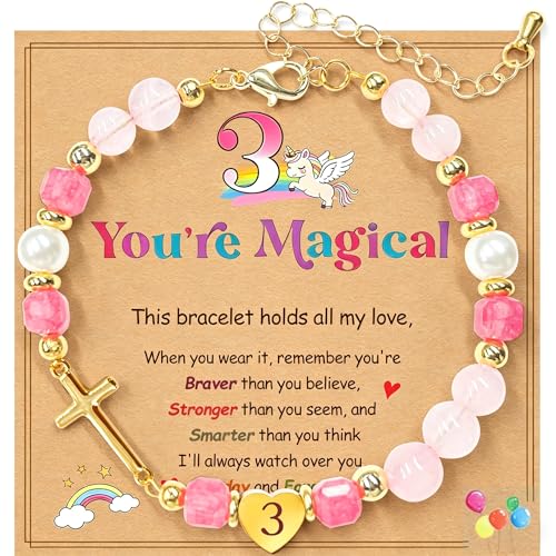 Birthday Number Cross Bracelet for Girls Ages 1-8, Strawberry Quartz & Pearl Beaded Bracelet with Gold-tone Cross & Heart Number, Adjustable Clasp Bracelet, Silver Gift Box - style: 3RD