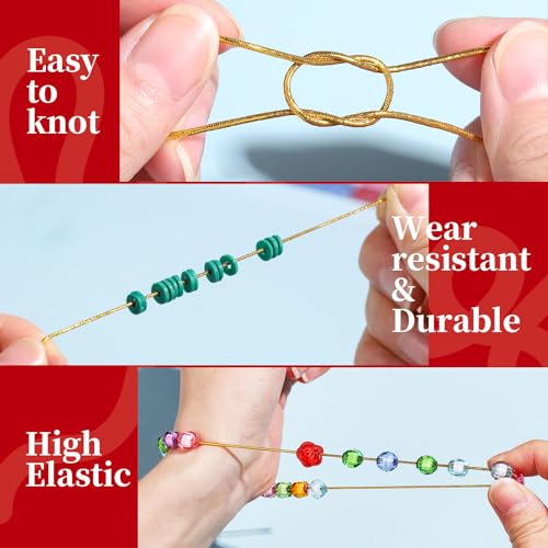 FANDAMEI 1.2mm Metallic Elastic String, Gold Stretch Cord for Craft Gift Jewelry Making, Elastic Cords Ribbon for Hair Braids, Elastic String for Bracelets, Beading Cord Stretchy Christmas Crafts DIY - style: A-Gold