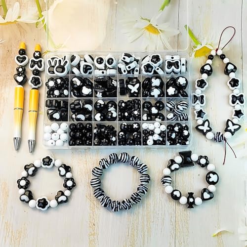 Black and White Chunky Acrylic Bead, Beads for Pens Focal Beads Bracelet Beads Loose Spacer Bead Heart Star Kandi Bead for DIY Beadable Pens Necklaces Earings Keychains Jewelry Making (Black+White) - color: Black+White