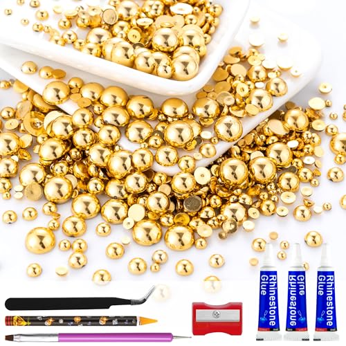 60g Gold Flatback Half Round Pearls Mixed Size 3-10mm Resin Craft Beads for Nail Art, Face Gems, DIY Jewelry Making - color: Gold, size: 60g