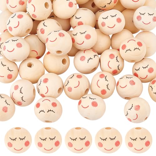 OLYCRAFT 50pcs 20mm Smile Face Wood Beads Round Wooden Beads Painted Head Bead Smiling Face Round Spacer Bead with 4.5mm Hole for DIY Crafts Hanging Decorations Jewelry Making - color: Smiling Face with Close Eye