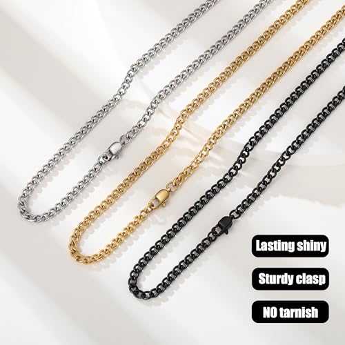 3 Pcs Cuban Link Chain Necklace for men, 4mm Stainless Steel Silver Black and 18K Gold Plated Chains Necklace men Women, 18"/22"/26"/30 Inches - size: 18 Inches