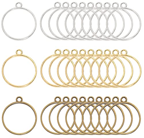 Shapenty 3 Colors Metal Open Bezel Hollow Mold Pendants Blank Round Frame Hollow Charms for Resin Craft Projects Keychain Earrings Necklace Jewelry Making, 30PCS