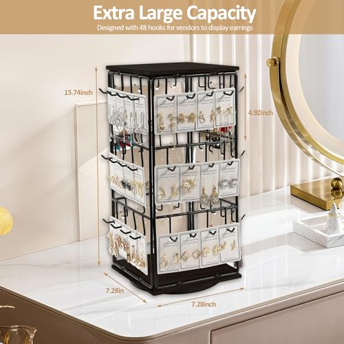 Yuehuam 360 Rotating Earring Display Stand, 48 Hooks Jewelry Rack with Wooden Base for Earring Card Selling, Earring Holder Organizer for Vendors