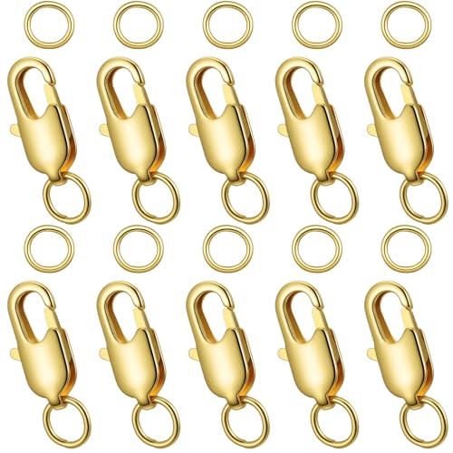 10 Pcs 18k Gold Plated Lobster Claw Clasps, with Closed Jump Rings, Jewelry Findings, Suitable for Necklace Clasps, Bracelet Closures, DIY Ideal for Beginners and Jewelry Making Enthusiasts (Golden)