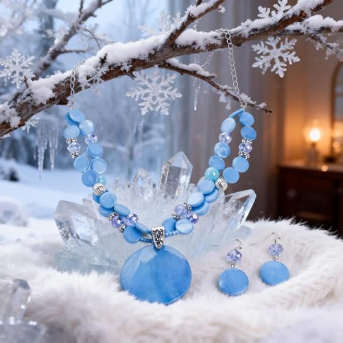 Layered Beads Statement Fashion Necklace Chunky Jewelry Set Big Colorful Glass Stone Circle Shell Pendant Choker Necklace and Earring Set for Women - color: light blue