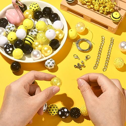 DanLingJewelry 50Pcs 20mm Bee Acrylic Beads - Yellow Black Round Ball Dot Stripe Printed Beads for DIY Crafts Bracelet Jewelry Making - color: 50pcs - bee