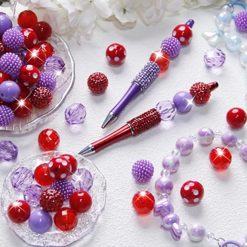 48 Pcs 20mm Beads for Pens Rhinestone Bubblegum Beads Mixed Crystal Acrylic Round Chunky Bead Sparkly Craft Large Balls Bead for Pen Beadable Keychain Bracelet Necklace DIY Jewelry Making Supplies - color: Red series