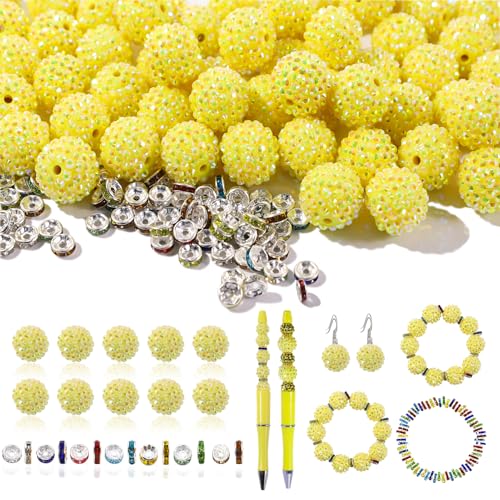 20mm Beads for Pens - 20 Pcs Rhinestone Beads and 220 Pcs Spacer Bead for Beadable Pens - Glitter Acrylic Bubblegum Round Bling Focal Bead for Bracelets - Beaded Pen Supplies (Yellow) - color: Yellow, size: 20mm