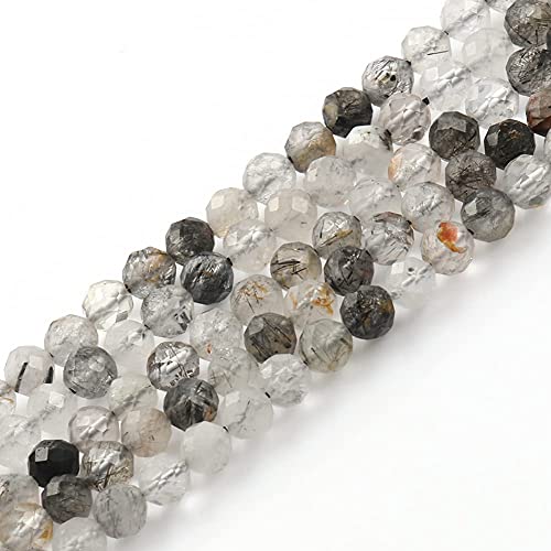 Song Xi 90pcs 4mm Natural Black Rutilated Quartz Gemstone Beads Faceted Round Loose Stone Beads for Jewelry Making - color: Black Rutilated Quartz, size: 3.7-4.2mm