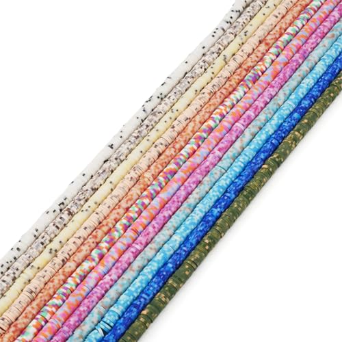 FASHEWELRY 12 Strands Polymer Clay Beads Kit 5.5mm Flat Round Heishi Camouflage Vinyl Disc for Necklaces Bracelets Jewelry Making