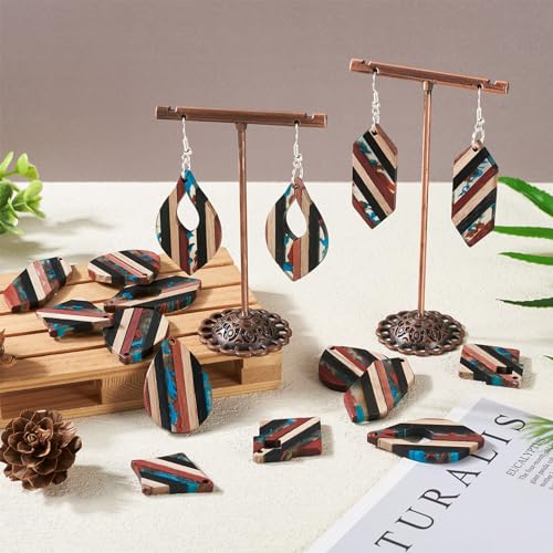 FASHEWELRY Striped Resin Wood Earrings Charms Rhombus Teardrop Kite Wooden Earring Blanks Earring Findings Wooden Earring Pieces for Jewelry Making, 52pcs/box - color: Striped-6 shapes