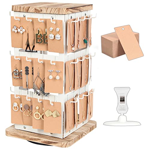 Jewelry Display for Vendors Rotating Earring Tower Holder Organizer, Jewelry Display Rack, Vintage Farmhouse Style Stand for Necklaces, Piercings with 48 Hooks and Wood Tray White Metal Shelf -MK1073B - color: White