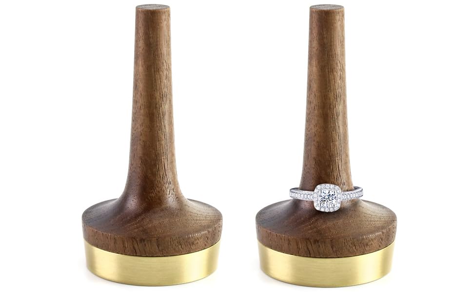 QWORK Wooden Ring Holder for Jewelry, 2 Pack Black Walnut Wood with Brass Stand Modern Display, Gift For Wedding & Anniversary - size: 2 Pcs