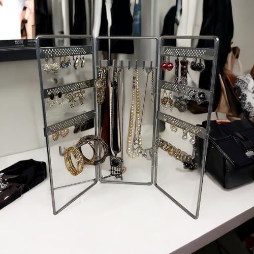 Jewelry Holder, Jewelry Organizer, folding 3 piece Jewelry Display Stand with Metal Frame, Necklace Earring Bracelet Holder, for Studs, Rings, Gift Idea, Gold, Silver, Black Color (SILVER) - color: SILVER