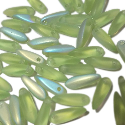 50 Czech Glass Beads Frosted Peridot Dagger with AB Finish, 3x11mm, Translucent, Kumihimo Bead,