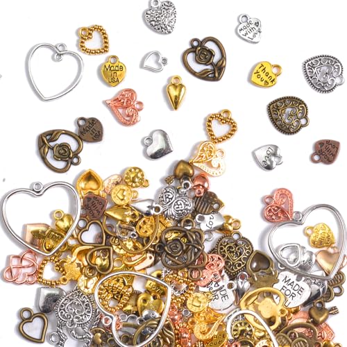 stino Metal Charms for Jewelry Making 100gram, Bulk Tibetan Silver & Gold Plated Trinkets for Earring Necklace Jewelry Making and Findings - color: Heart Mixed Color