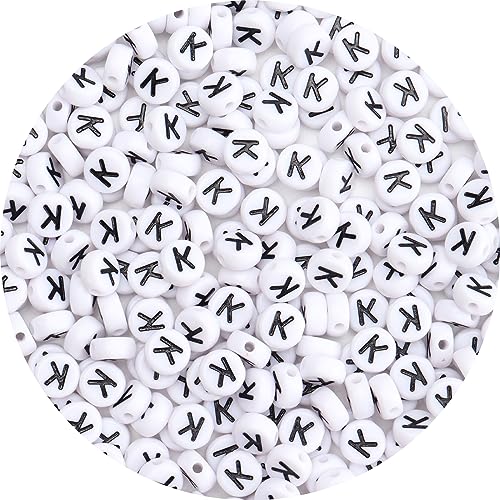 100Pcs Letter Beads 4x7mm White Round Acrylic Alphabet Beads Letter K Beads for Jewelry Making DIY Bracelets Necklaces Key Chains - color: K 100Pcs