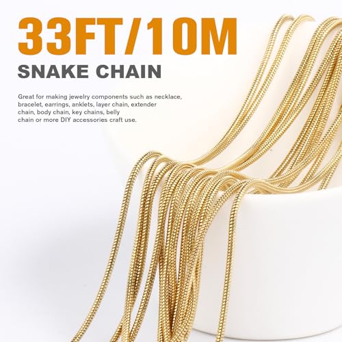 33 Feet Gold Snake Chains Roll, 1mm 18K Gold PVD Plated 304 Stainless Steel Round Snake Chain Bulk Spool for Jewelry Making DIY Craft - color: 1mm Gold Round Snake Chains
