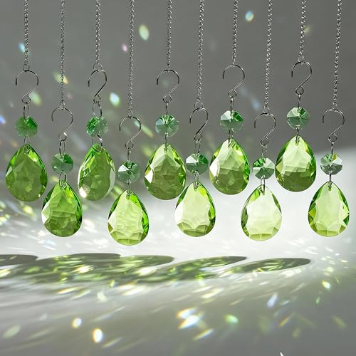 H&D HYALINE & DORA 3Inch Crystal Suncatcher Bauhinia Prisms Pendants 10Pcs Chandelier Crystals Replacement Hanging Sun Catcher Beads for DIY Arts Crafts Decor (Green) - color: Green