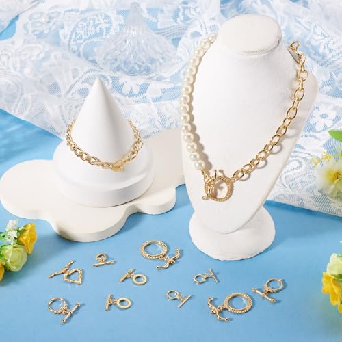 18K Gold Oval Toggle Clasps 14 Sets Heart Jewelry Clasps T-Bar Closure Clasp Fastener IQ End Clap for DIY Necklace Bracelet Earring Jewelry Making - color: 18K Gold-Heart/Flower/Round